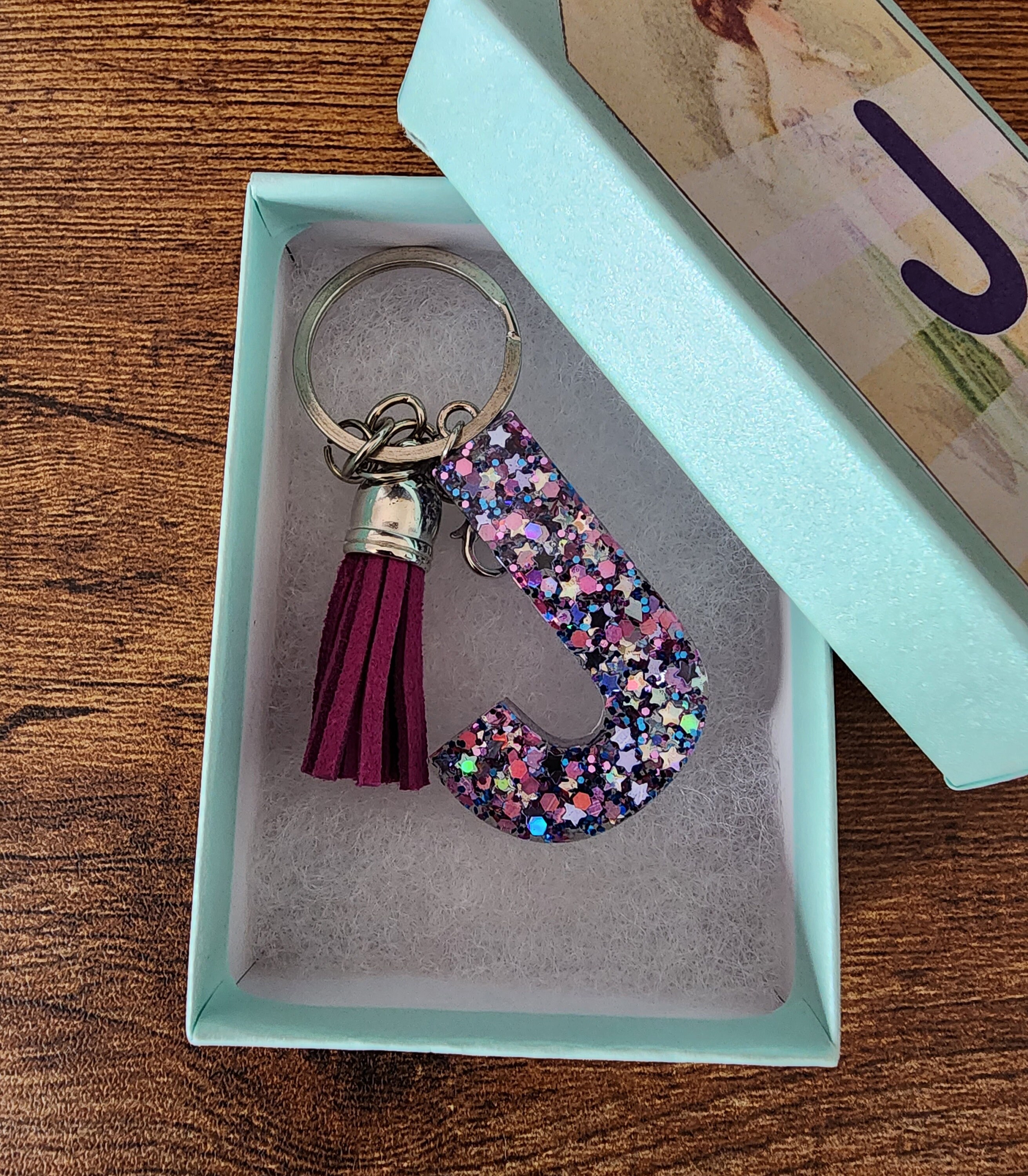 アクセサリー j Letter J Purple Glitter UV Resin Tassel Keychain - Etsy
