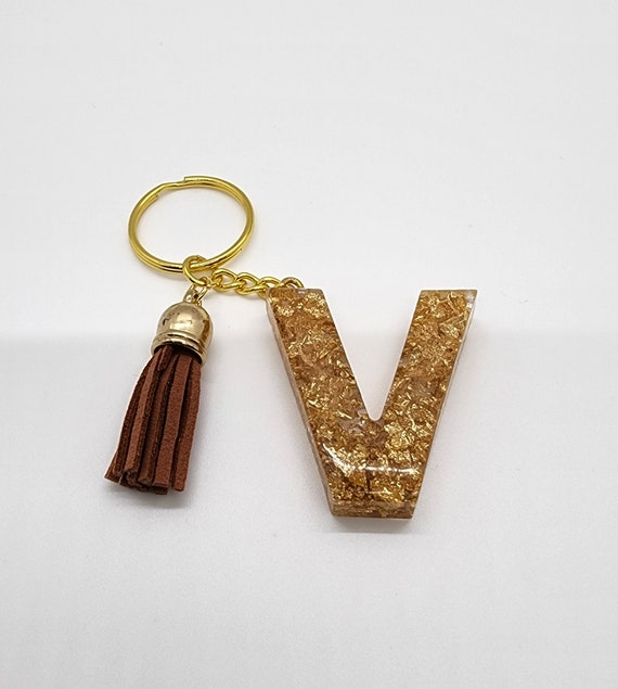 Letter V Initial Gold Flakes Epoxy Resin Tassel Keychain