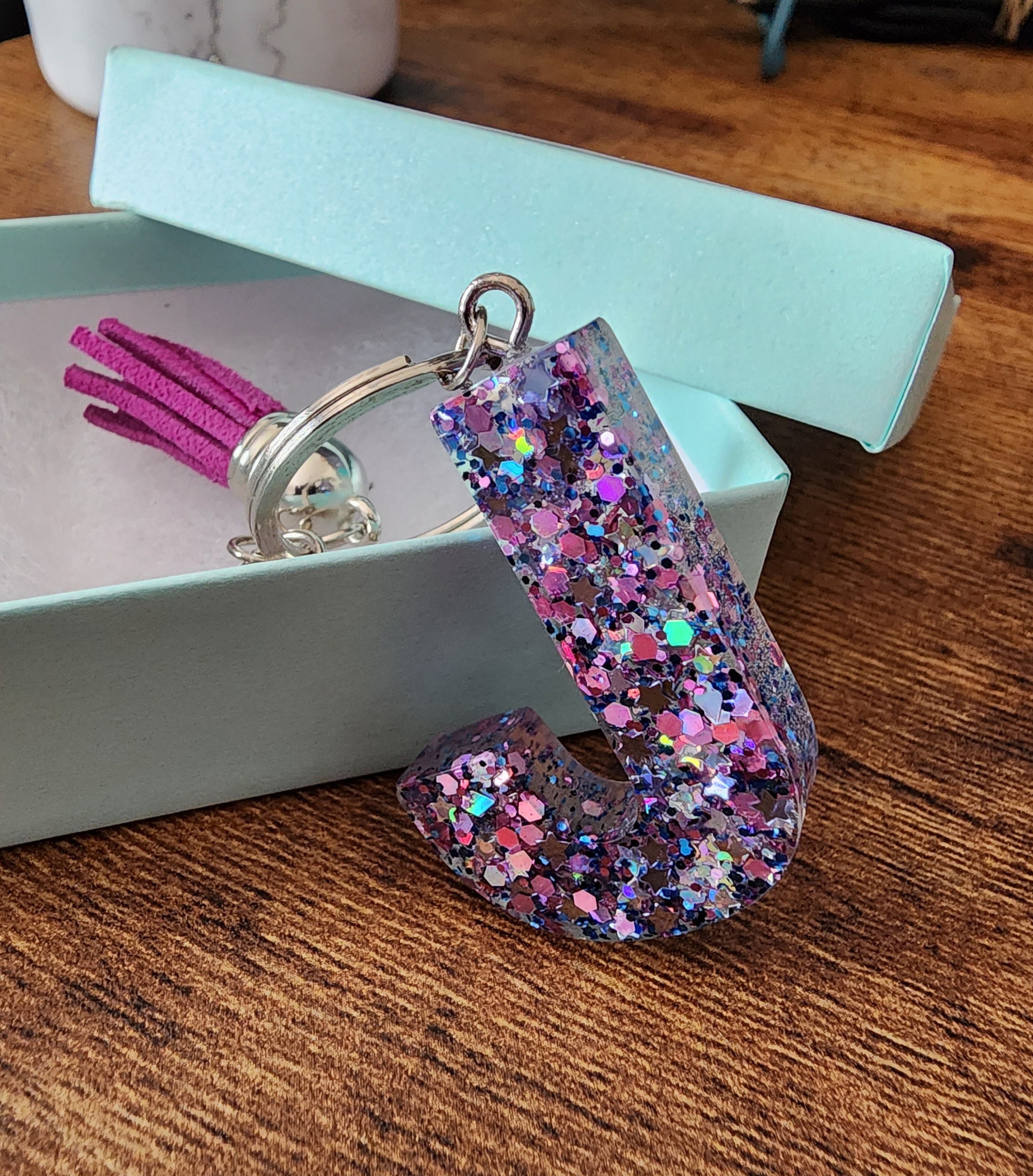 Letter J Purple Glitter UV Resin Tassel Keychain - Etsy