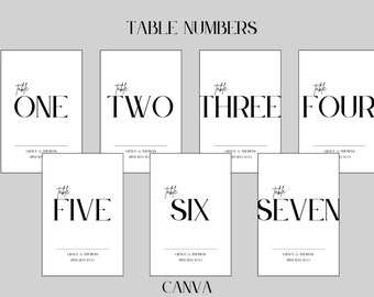 Modern minimalistic table number template, monochrome table number template, Canva,  Printable table numbers A5, A6