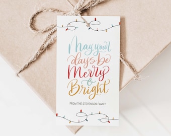 May include: A white gift tag with a string of colorful lights and the text "May your days be Merry & Bright" with the words "From the Stevenson Family" below.