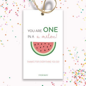 Può includere: Un biglietto bianco con una grafica di anguria verde e rossa e il testo "YOU ARE ONE IN A a melon! THANKS FOR EVERYTHING YOU DO! FROM MARY"
