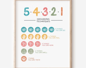 54321 Grounding Technique Poster: Anxiety Relief, Coping Skills (Digital Download)