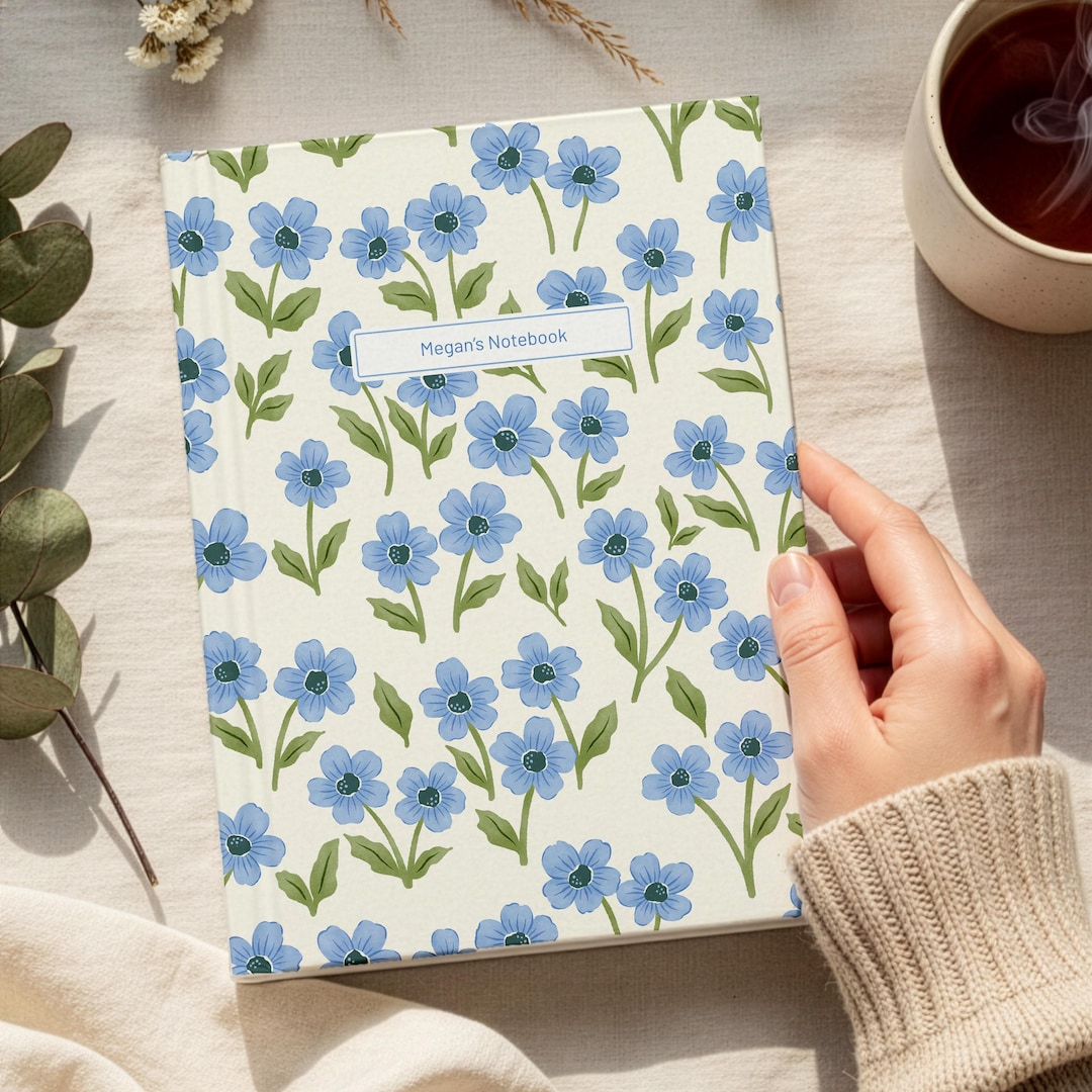 Personalized Floral Notebook With Name – Hand-drawn Blue Botanical ...