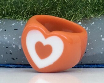 Orange Lucite Heart Ring: Acrylic Plastic, Size 8.5