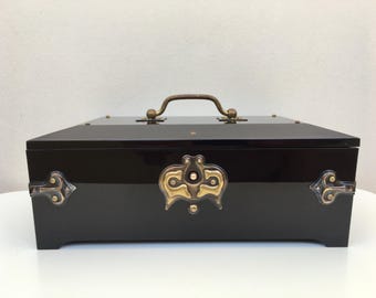 Large Musical Jewelry Box, Vintage Ukrainian USSR Musical Jewelry Box "Surprise" Mechanics Collection Box, Trinket Box, Black Jewelry Chest