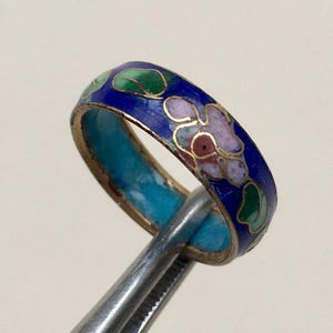 Vintage Cloisonne Ring Colorful Blue Design Floral Enamel Filigree Bohemian. Hand Painted Ring