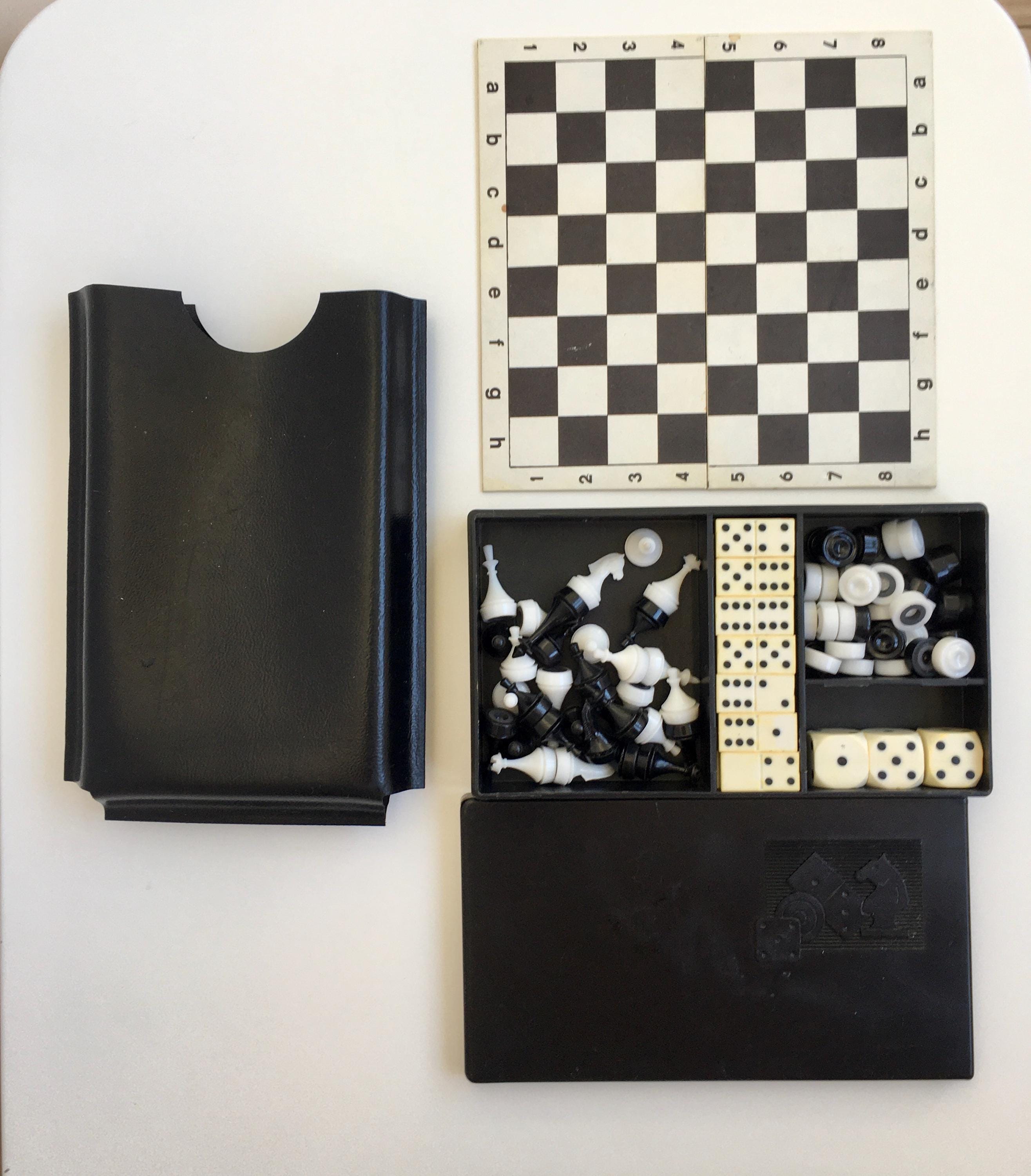 Vintage USSR Travel Chess Set: Magnetic Checkers Dominoes, 1984