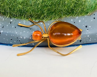 Vintage Original Amber Brooch Ant, Insect, Spider Natural Transparent Amber, Brass gilding, Baltic Amber, Butterscotch Amber, USSR