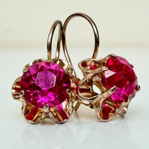 Pendientes vintage de plata de ley 875 con forma de flor y rubíes soviéticos de la URSS, joyería para mujer.