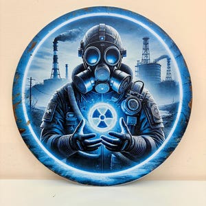 Peut inclure: Une plaque métallique circulaire présentant une illustration dans les tons bleus d'un personnage portant un masque à gaz et tenant un symbole radioactif lumineux. Le fond montre un paysage industriel avec des cheminées et des tours.