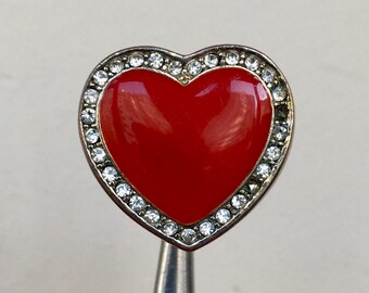 Vintage Red Lucite Heart Ring with Rhinestones - Size 8.5