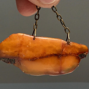 Vintage Original Baltic Amber Pendant  with a Chain, Amber from Piece of Natural Translucent Cognac Butterscotch Amber, 19.71 gr