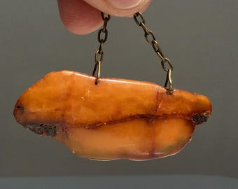 Vintage Original Baltic Amber Pendant  with a Chain, Amber from Piece of Natural Translucent Cognac Butterscotch Amber, 19.71 gr