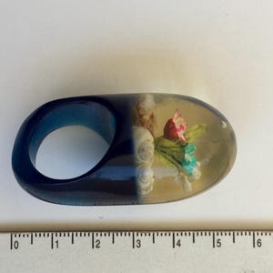 Summer Ring, Lucite Acrylic Plastic Ring, Abstraction Flowers and Sea Shells Ring, Blue Transparent Color Ring, Statement Ring Size 8.5
