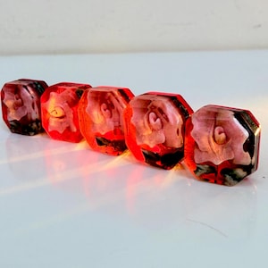 May include: Five octagonal resin buttons arranged in a row, each featuring a translucent red finish with an embedded light pink rose floral design and dark green foliage accents visible within the clear material of the button structure.