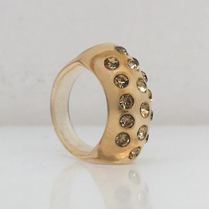 Summer Ring Size 6 (16.5 mm) Lucite Acrylic Plastic Ring  beige Color with Rhinestones, Statement Ring