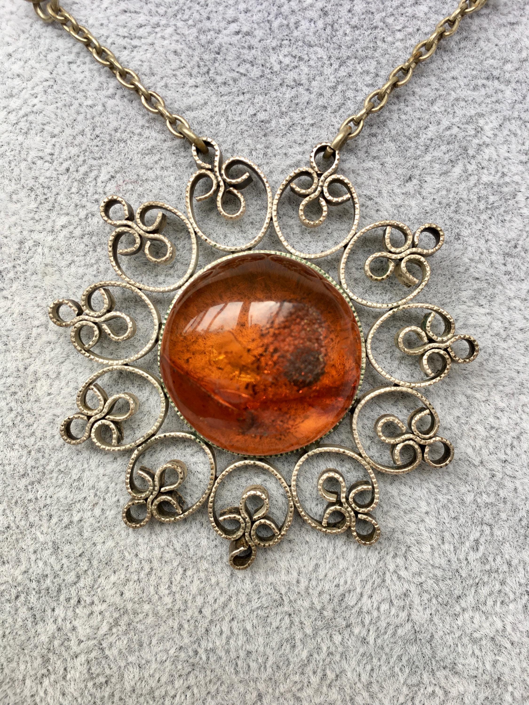 Vintage Original Baltic Amber Pendant  with Cupronickel Filigree Amber from Piece of Natural Translucent Cognac Amber, Snowflake 6.24 gr