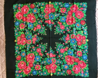 Vintage zwarte wollen sjaal sjaal, Oekraïense nationale etnische, vintage 1980, wol, bloemen ornament, etnische mode sjaal, bloemmotief 90 cm