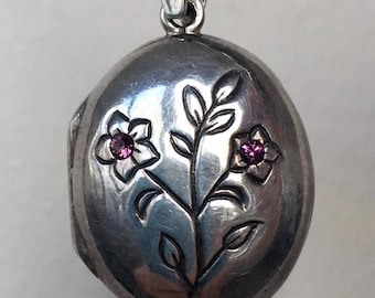 Vintage Sterling Silver 925 Reliquary Pendant: Aroma Diffuser, Red Stone Flower