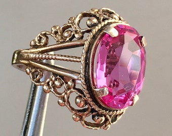 Vintage Gold Plated Sterling Silver Ring,Soviet Silver Ring 875, Ring With Pink   Stone, Sapphire Ring 8.75 size, Vintage Jewelry, 6.50 gram