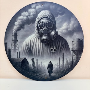 Könnte beinhalten: Ein rundes Wandschild mit einer monochromen Illustration einer Person in einem Kapuzen-Schutzanzug und einer Gasmaske mit einem Strahlensymbol auf der Brust. Der Hintergrund zeigt eine trostlose Industrielandschaft mit Schornsteinen.