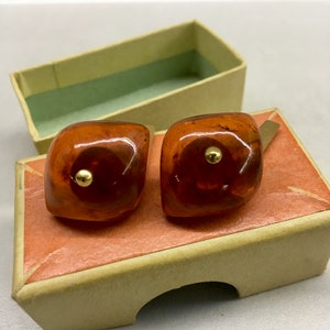 Vintage Cufflinks  USSR . Cognac Amber. Brass. Gilding. 9 YAK. Kaliningrad Amber Original box. Jewelry Baltic Amber