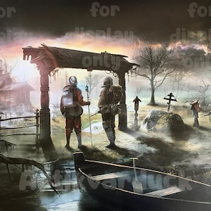 Peut inclure: Peinture numérique atmosphérique d'une scène post-apocalyptique avec des personnages en équipement de protection, une église en bois et un bateau. L'œuvre présente une palette de couleurs sombre et se concentre sur les détails et l'ambiance.