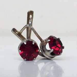 Może przedstawiać: Para srebrnych kolczyków z zapięciem dźwigniowym, każdy z okrągłym, fasetowanym, ciemnoczerwonym kamieniem szlachetnym. Kamienie są osadzone w oprawie z pazurami, na białej powierzchni.