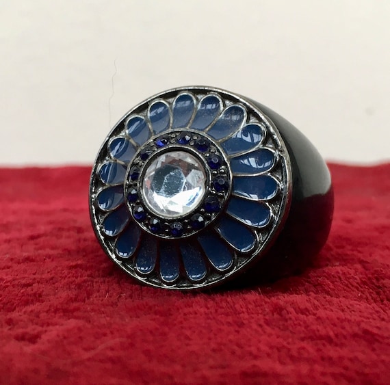 Lucite Statement Ring: Black & Blue Floral Patter… - image 1
