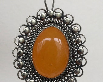Vintage Original Baltic Amber Pendant  with Cupronickel Filigree Amber from Piece of Natural Translucent Cognac Amber, 12.87 gr