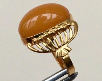 Anillo antiguo de plata y ámbar soviético vintage, anillo con forma de yema de huevo, tamaño 5,5, joyería vintage, anillo de ámbar color caramelo de 3,69 gramos. Anillo chapado en oro.