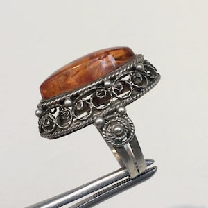 Vintage Amber Ring, Natural Hot Amber Cupronickel Filigree USSR Size 7 mm 6.78 gr Art Salon Butterscotch Amber Ring