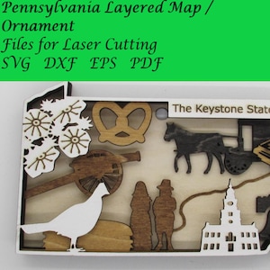 Puede incluir: Un adorno de madera en forma de mapa de Pensilvania, con un pretzel, un cañón, un pájaro, un carruaje tirado por un caballo y el texto "The Keystone State".
