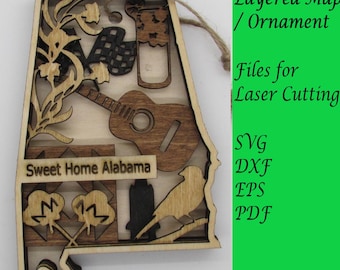 Ornement de carte en couches de l'Alabama ; Fichiers SVG numériques pour la découpe laser ; Téléchargement instantané