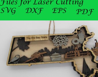 Massachusetts Layered Map / Ornament; Digital SVG Files for Laser Cutting; Instant Download
