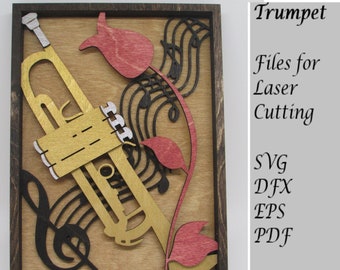 Trompette Instrument de musique Fichier SVG numérique pour la découpe laser, Téléchargement instantané