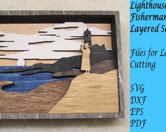 Lighthouse Fisherman Shadowbox, Layered Scene SVG Laser Cut File (Digital Download)