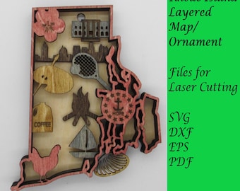 Rhode Island Layered Map / Ornament; Digital SVG Files for Laser Cutting; Instant Download