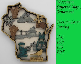 Wisconsin Layered Map / Ornament; Digital SVG Files for Laser Cutting; Instant Download