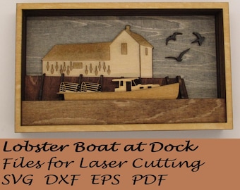 Layered Lobster Boat at Dock Shadowbox SVG Files (Laser Cutting Download)