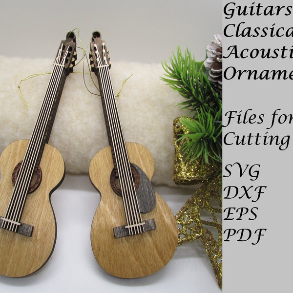 Acoustic and Classical Guitar Musical Instrument Ornaments, Digital SVG Files for Laser Cutting, Instant Download