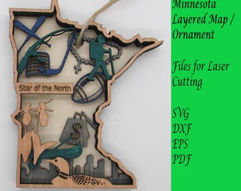 Minnesota Layered Map / Ornament; Digital SVG Files for Laser Cutting; Instant Download