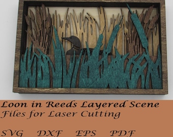 Loon In Reeds Layered Scene; Digital SVG Files for Laser Cutting: Instant Download