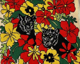 Vintage “Jungle Floral” Needlepoint - Panther & Plants