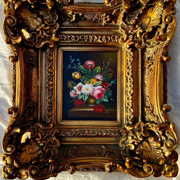 Floral Still Life Oil Painting in Ornate Gold Frame