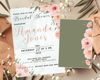 Bridal Shower Invitation, Floral Spring Bridal Shower Invite, Pink Floral Bridal Shower, Editable Bridal Shower Template