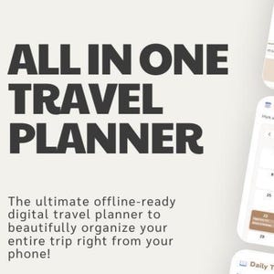 May include: The image displays a digital travel planner app with the text "ALL IN ONE TRAVEL PLANNER." The app shows itinerary and budget tracking features, including a calendar and destination details. The app is designed to organise trips from a phone.