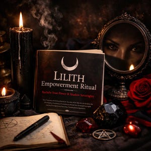 May include: A black book titled Lilith Empowerment Ritual with a silver crescent moon symbol, surrounded by a black candle, a mirror reflecting eyes, a red rose, a black crystal, a pentagram charm, and an open journal with a black pen.