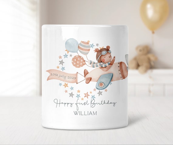 Personalized Money Box, First Birthday Baby Gift, Airplane nursery decor,  Baby Boy, Boy first birthday gift, Grandson, Bear in Airplane